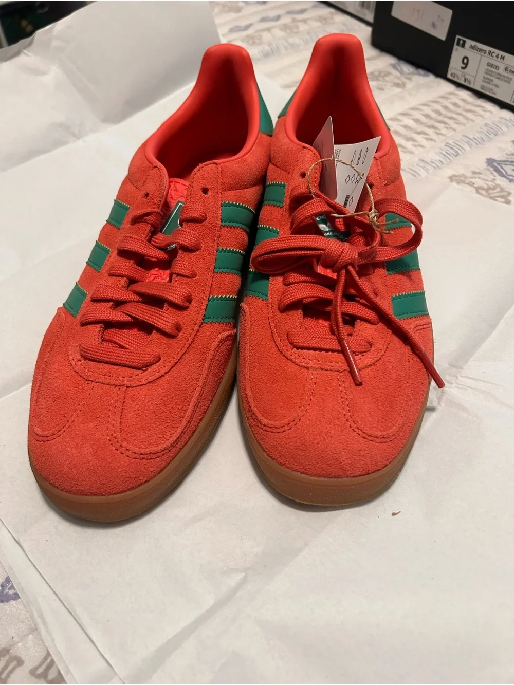 adidas Red Suede Gazelle Indoor Sneakers with Green Stripes